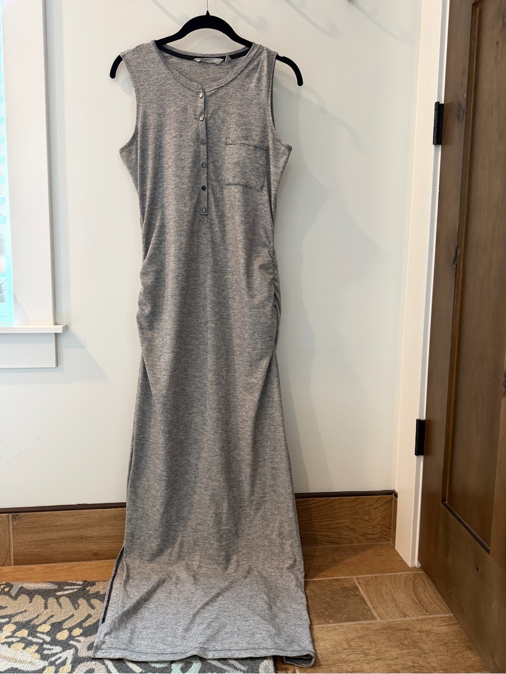Athleta Gray Micro Stripe Henley Maxi Dress Maternity Small